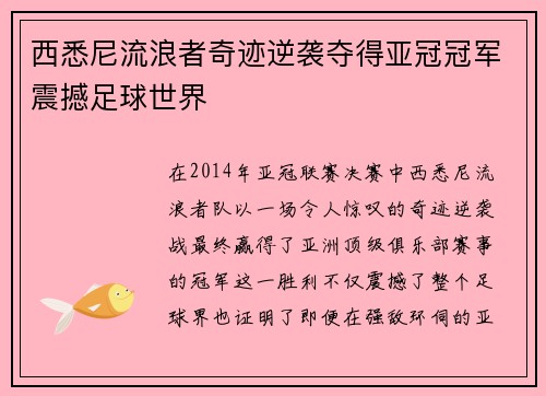 西悉尼流浪者奇迹逆袭夺得亚冠冠军震撼足球世界